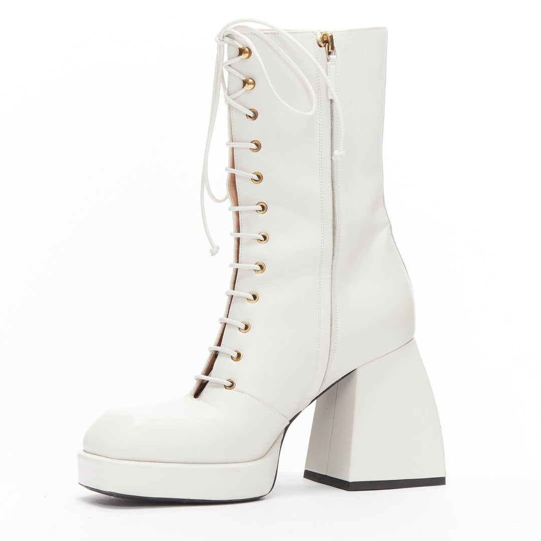 NODALETO Bulla Candy white leather chunky heels lace up boots EU38