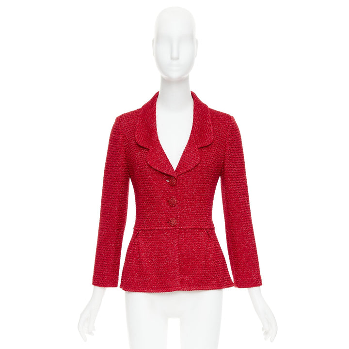 ST JOHN COUTURE red metallic tweed knit crystal buttons peplum blazer US6 M