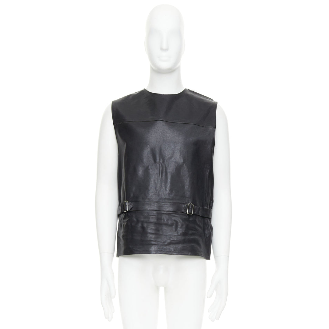 rare PRADA 2023 Runway Raf Simons Vitello black leather buckle vest IT48 M