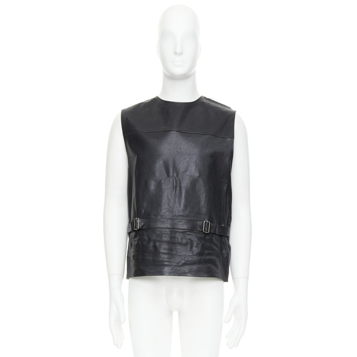 rare PRADA 2023 Runway Raf Simons Vitello black leather buckle vest IT48 M