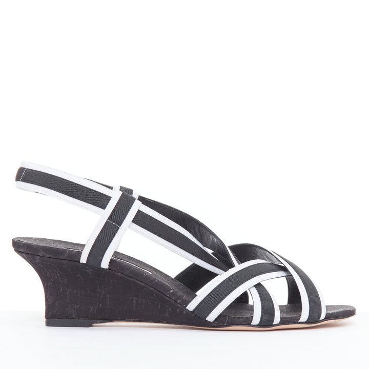 MANOLO BLAHNIK Lasti black white criss cross elastic wedges EU39