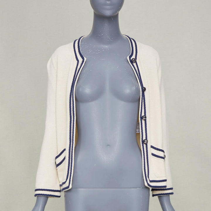 CHANEL 2015 ivory navy blue contrast trim rib pocket cashmere cardigan FR34 XS