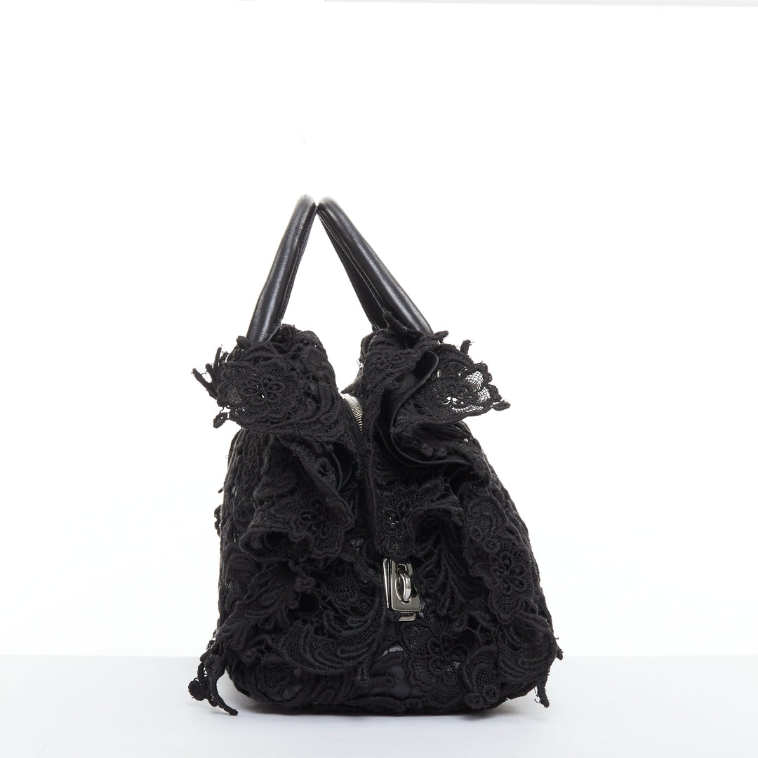 PRADA 2008 Lace Pizzo S Bowler black lace overlay leather silver zip bag