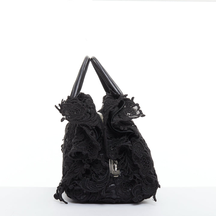 PRADA 2008 Lace Pizzo S Bowler black lace overlay leather silver zip bag