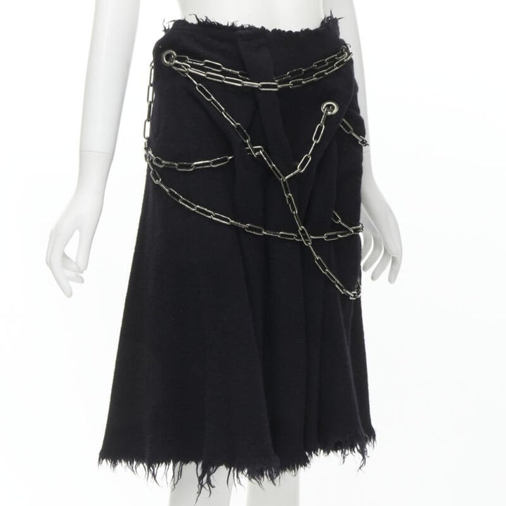 Runway JUNYA WATANABE 2003 black boiled wool frayed punk chain midi skirt S