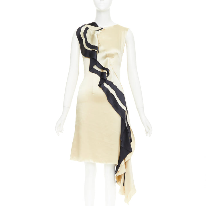 RODARTE 100%  silk champagne black cascade ruffle bias cut cocktail dress US2 S