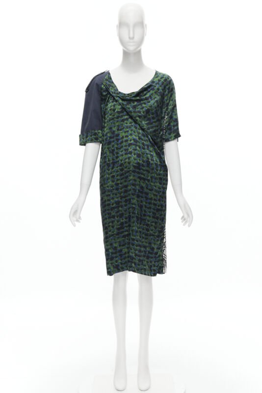 DRIES VAN NOTEN green navy draped silk contrast short sleeve dress FR36 S