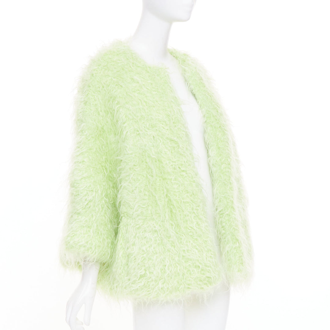 DRIES VAN NOTEN light green fuzzy mohair wool collarless loose open knit coat S