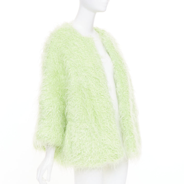 DRIES VAN NOTEN light green fuzzy mohair wool collarless loose open knit coat S