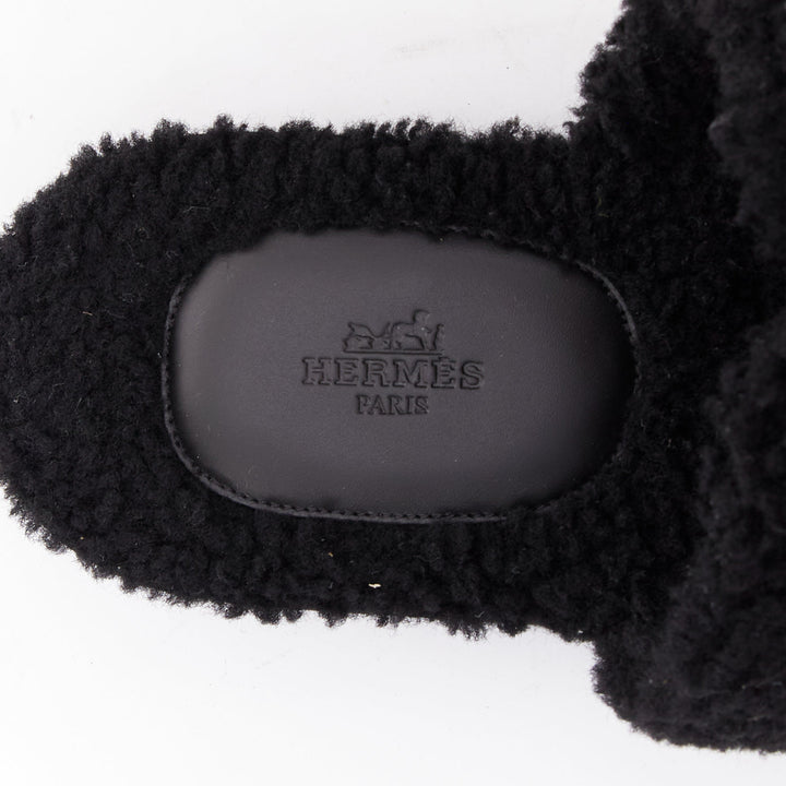 HERMES Oran black shearling H cut out flat block sandals EU41.5