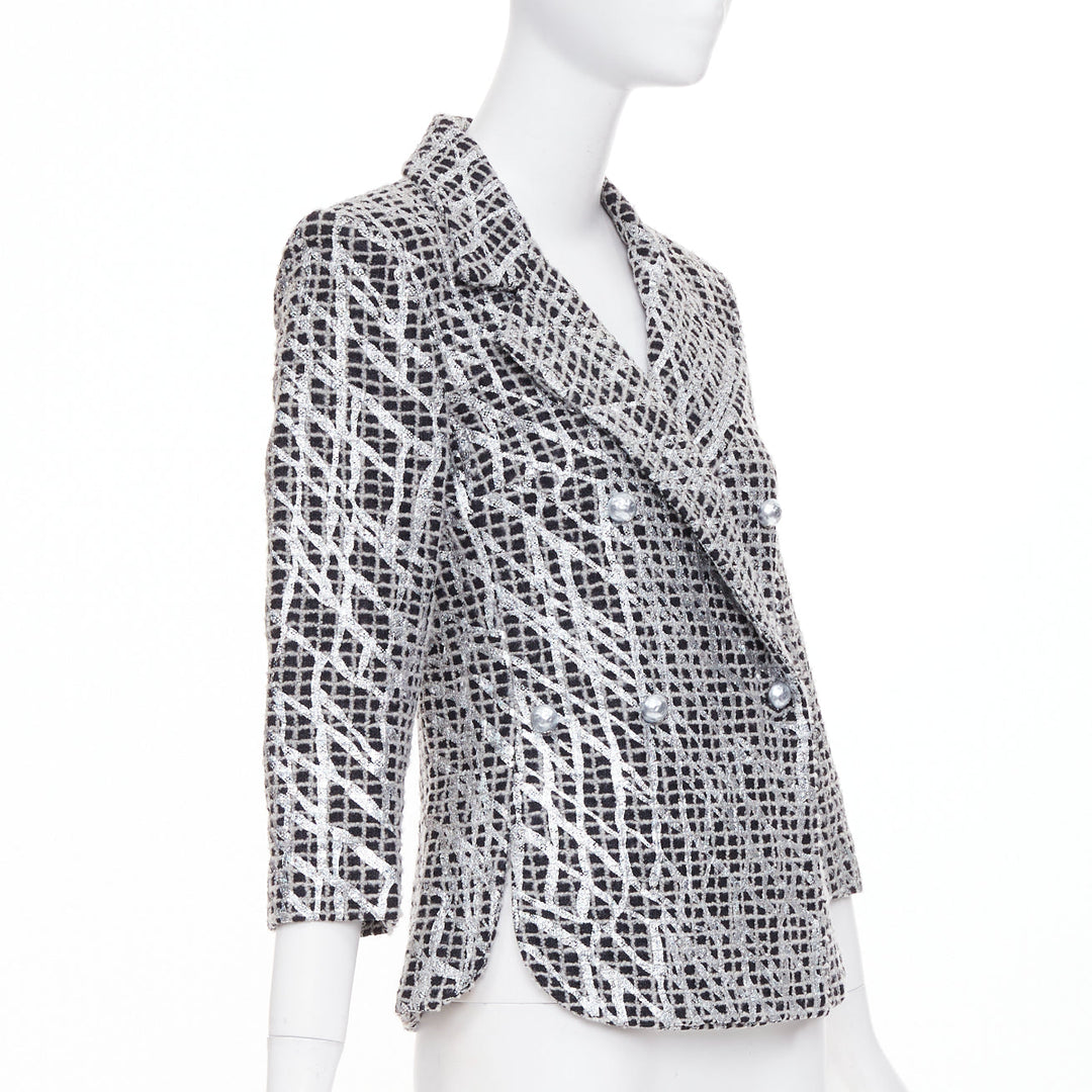 CHANEL 2012 Runway Silver Metallic Graffiti black check tweed jacket FR36 XS
