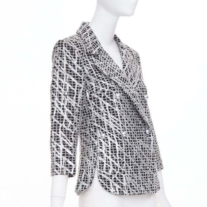 CHANEL 2012 Runway Silver Metallic Graffiti black check tweed jacket FR36 XS