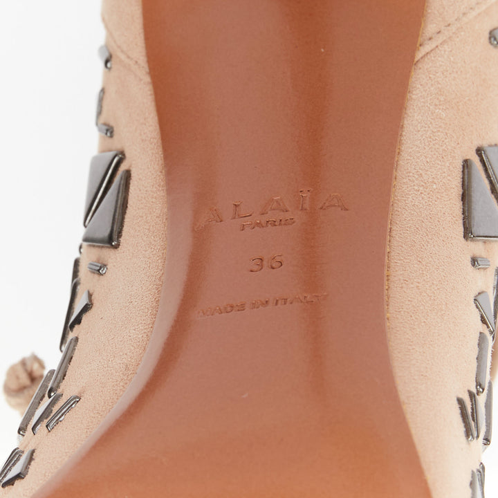 ALAIA 2014 Adelia blush pink suede geometric micro stud lace up booties EU36