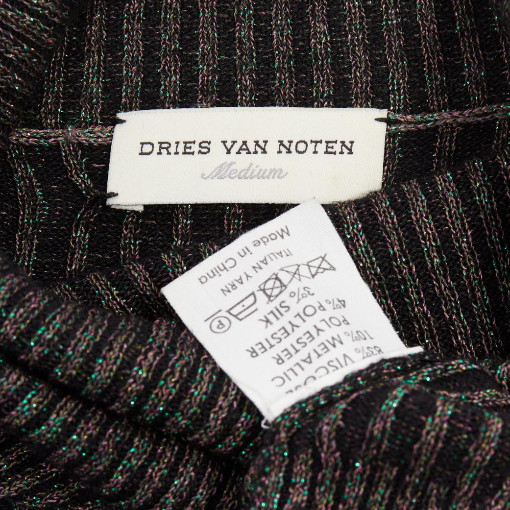 DRIES VAN NOTEN metallic green lurex viscose blend ribbed turtleneck sweater M
