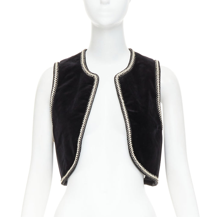CELINE black cotton velvet gold braided weave trim cropped gilet vest FR38 M