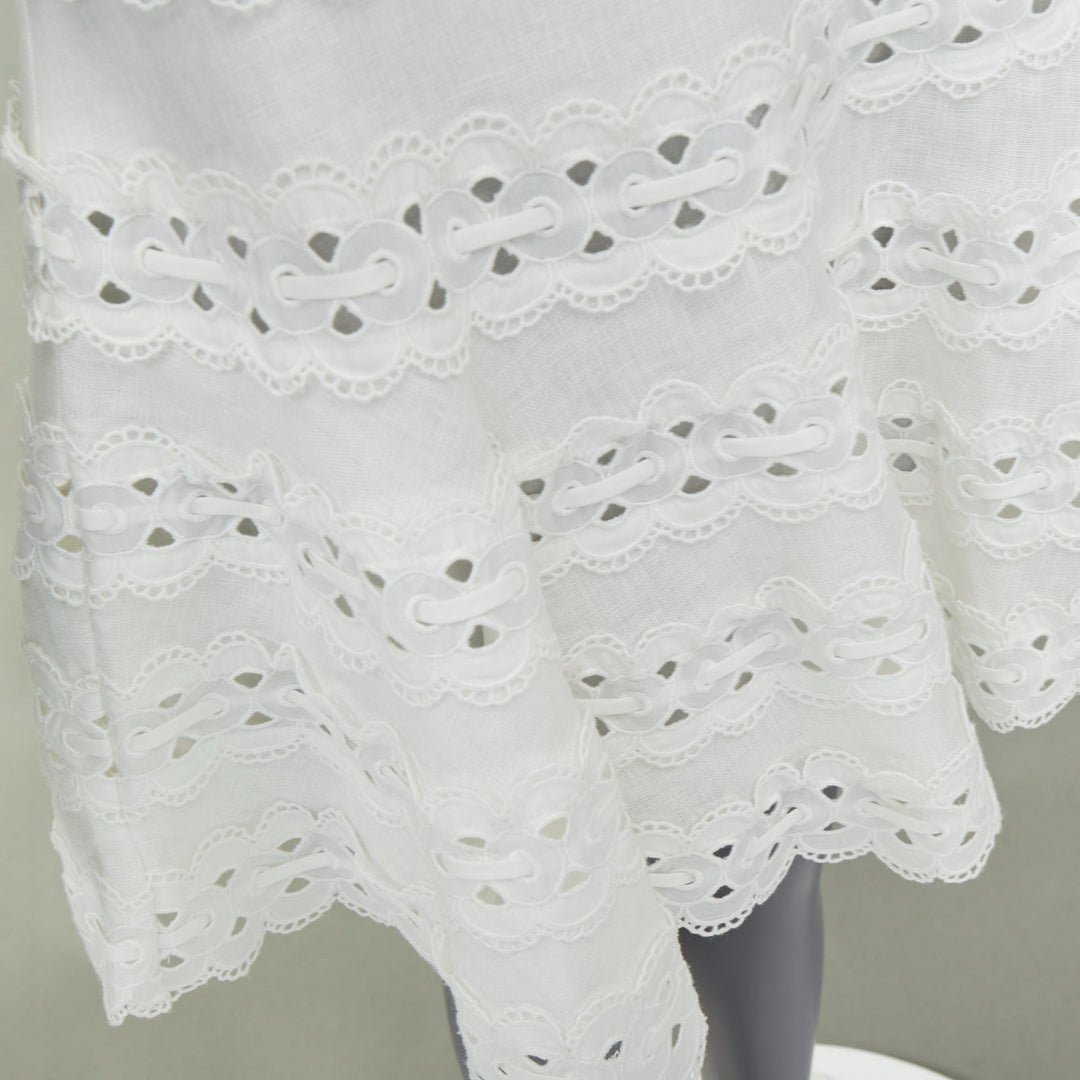 ZIMMERMANN 2020 Kirra Tie Shoulder white linen eyelet lace mini dress Sz1 S
