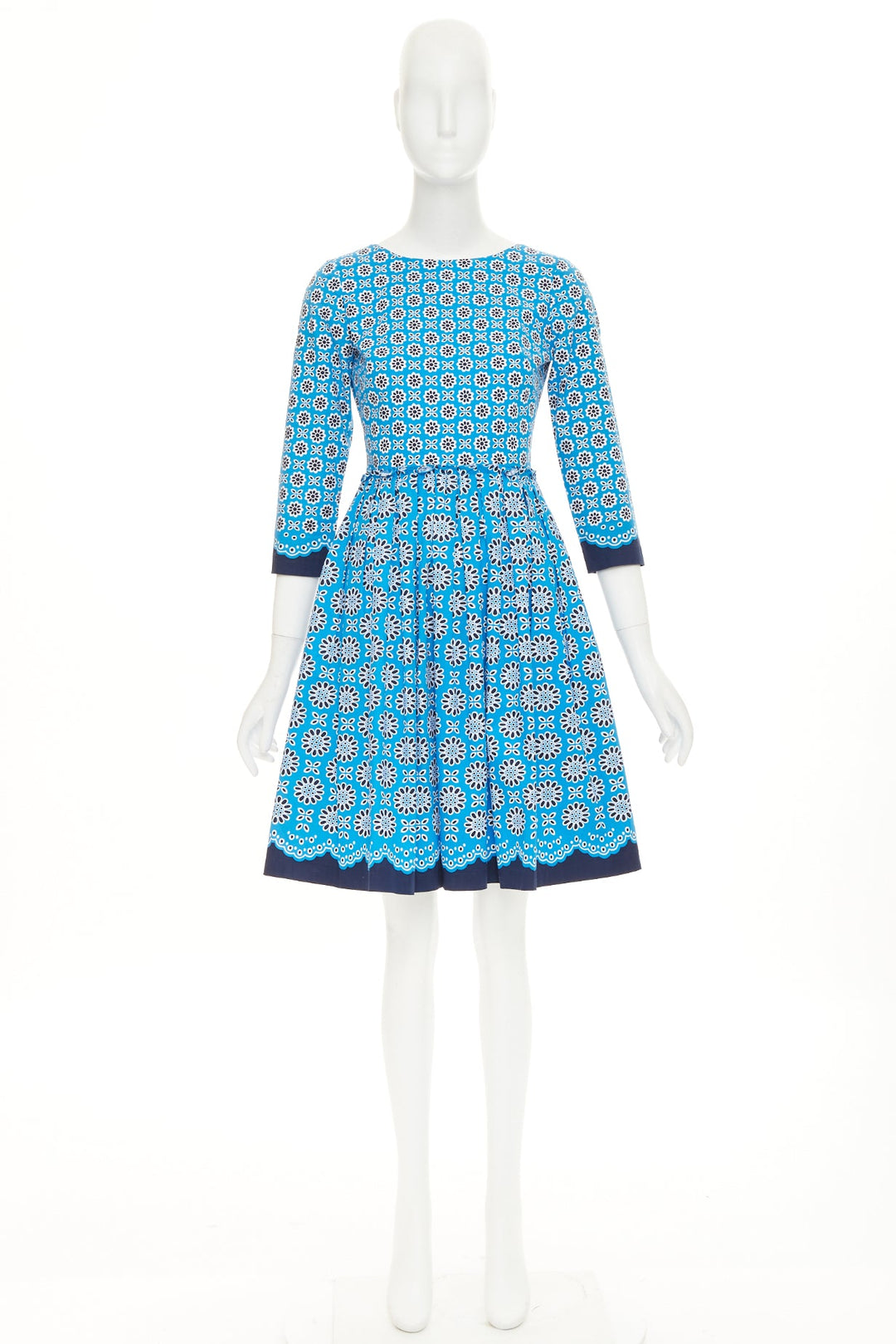 OSCAR DE LA RENTA S16 blue geometric floral print cotton A-line dress US0 XS