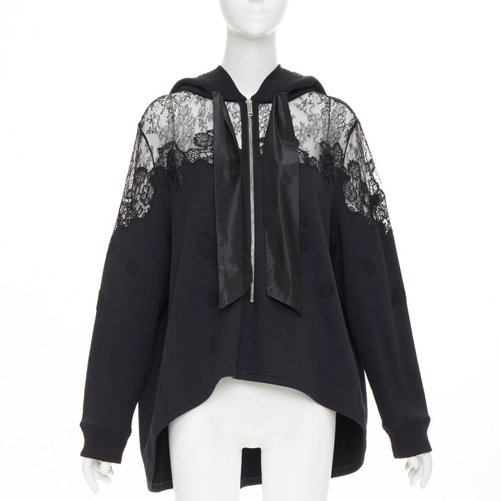 VALENTINO black cotton sheer floral lace panel floral applique half zip hoodie M