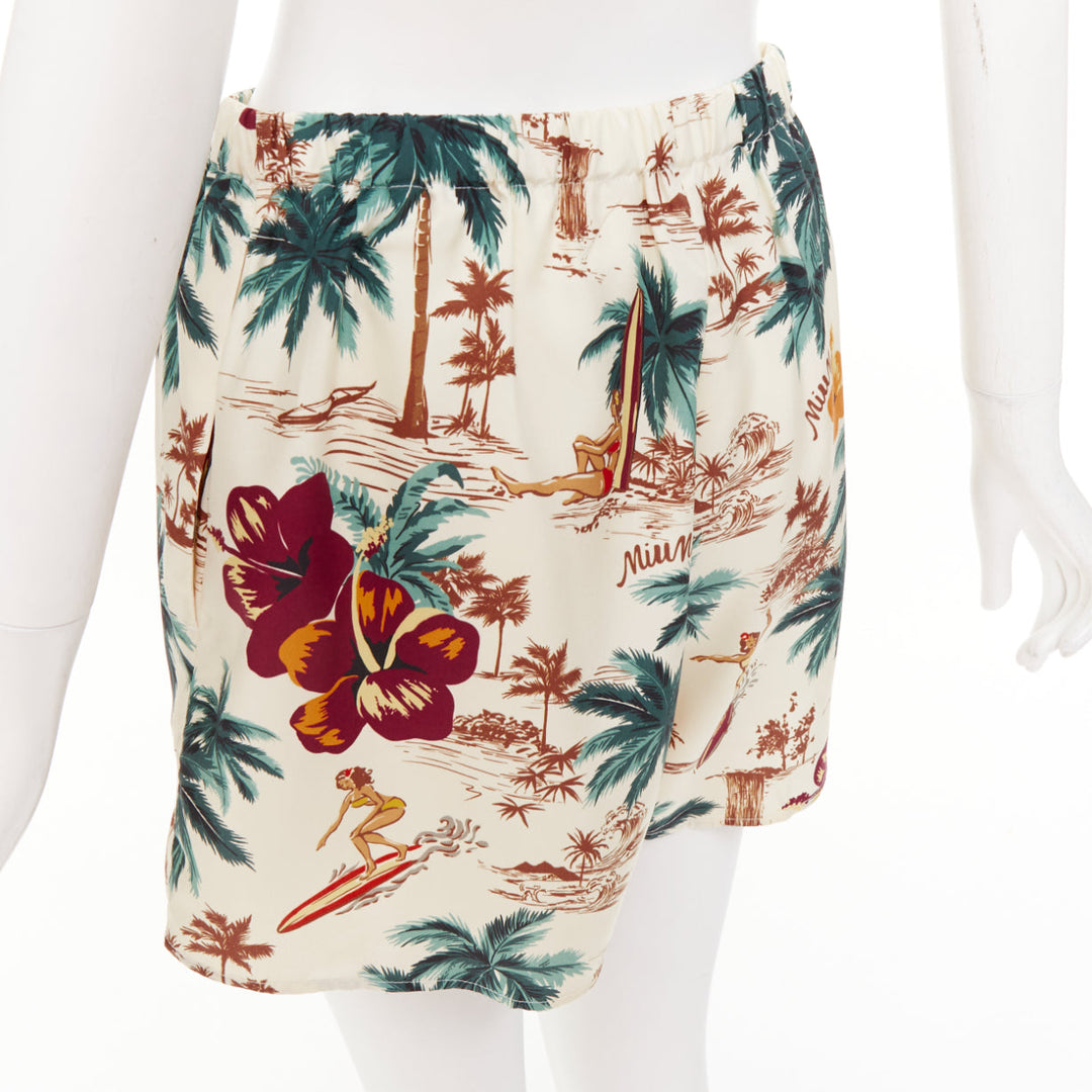 MIU MIU 2023 100% silk multicolor cream Hawaiian Surfer boxer shorts Sz1 XS