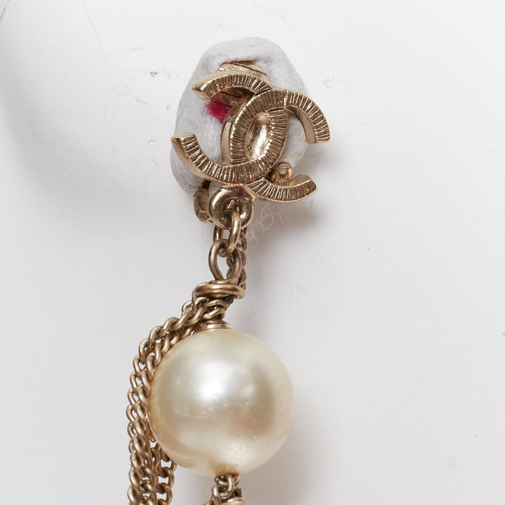 CHANEL 09A gold triple CC logo faux pearl PVC drop clip earrings Pair