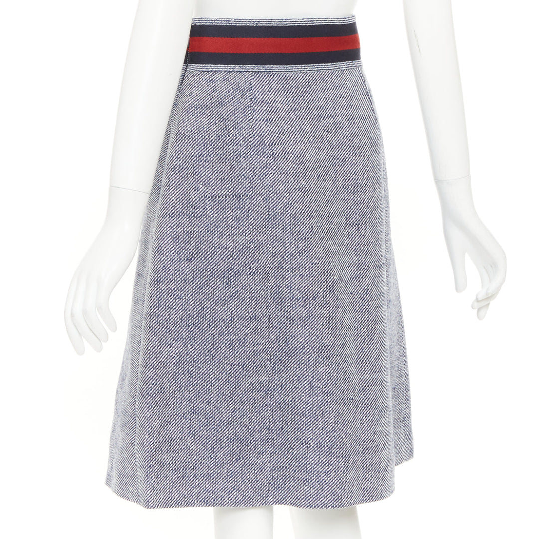 GUCCI blue cotton twill red Web Horsebit belt pleated midi skirt IT40 S