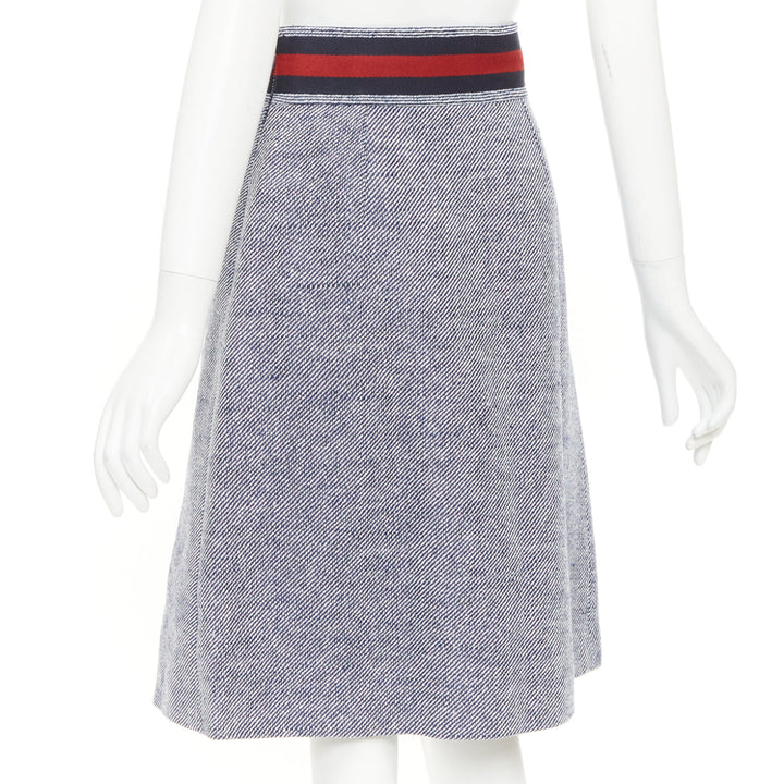 GUCCI blue cotton twill red Web Horsebit belt pleated midi skirt IT40 S