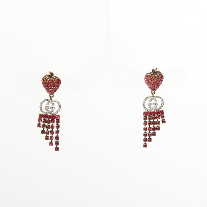 GUCCI 2019 GG crystal strawberry pink rhinestone tiered fringe earrings Pair