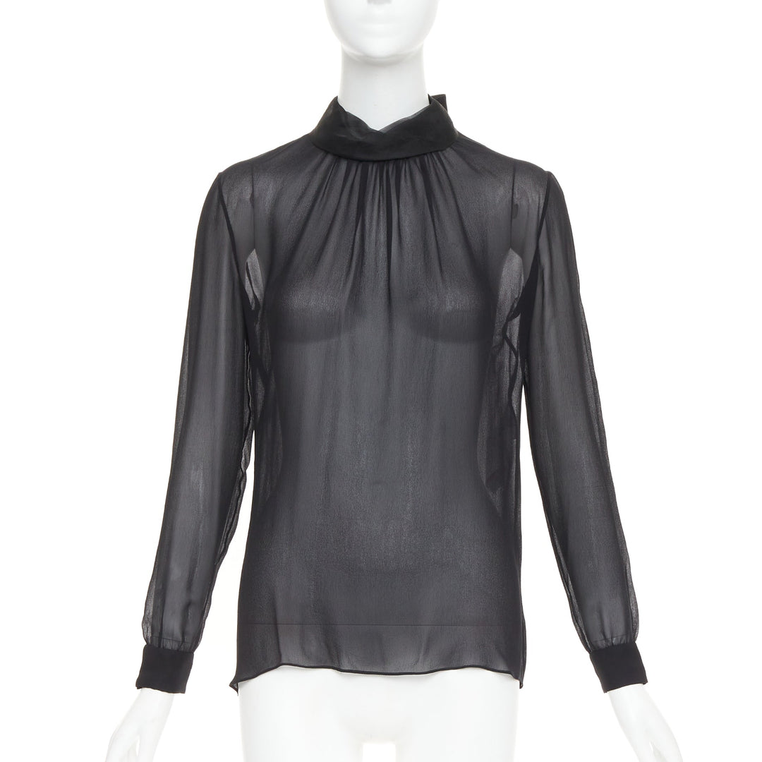VALENTINO black silk georgette sheer draped high collar ruched blouse top UK6 XS