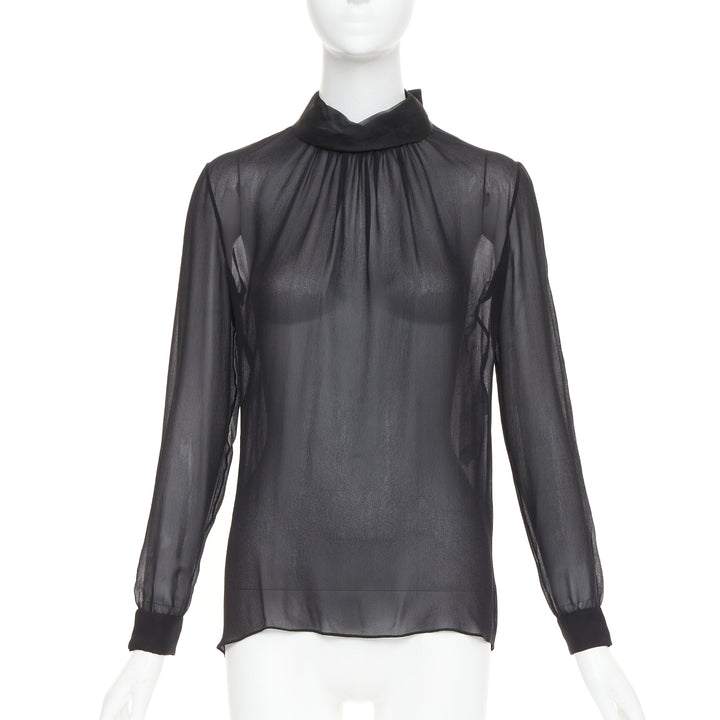 VALENTINO black silk georgette sheer draped high collar ruched blouse top UK6 XS