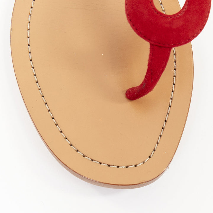 PRADA red suede leather wavy tstrap thong ankle buckle comfort flat sandals EU37