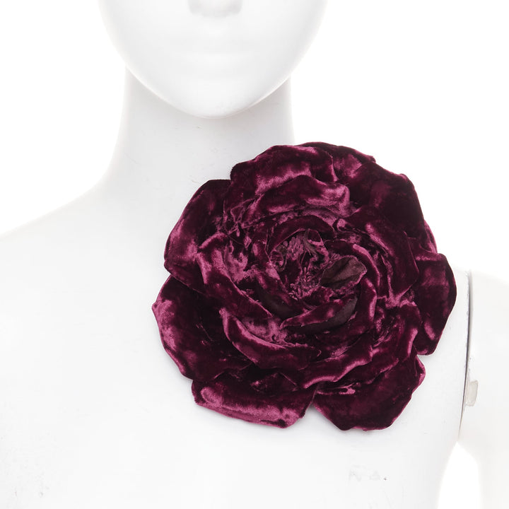 rare SAINT LAURENT 2022 Extra Large Wild Rose flower bordeaux velvet pin brooch