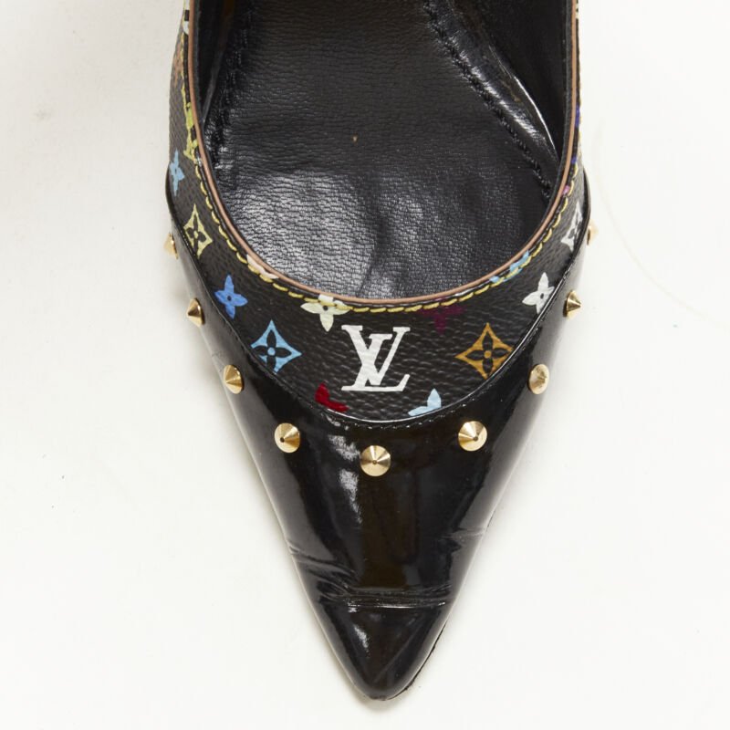 LOUIS VUITTON black multicolour monogram gold stud slingback pump EU36.5