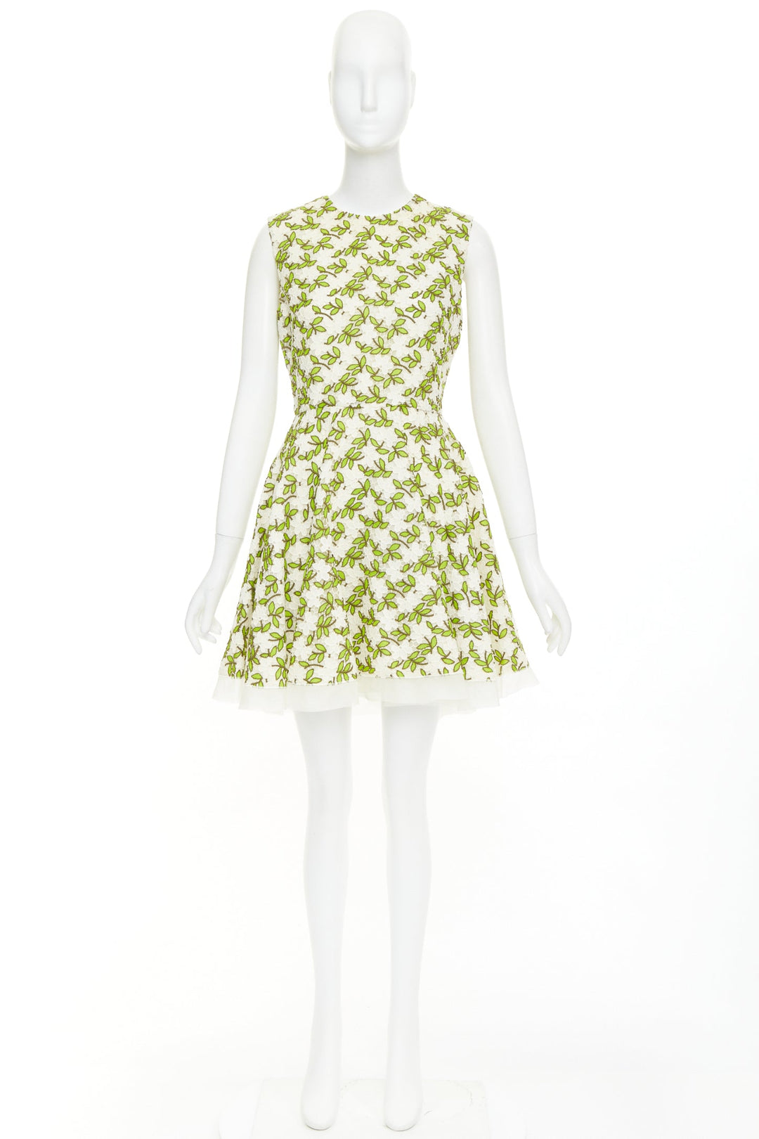 GIAMBATTISTA VALLI ivory green floral leaf embroidery anglais dress IT44 M