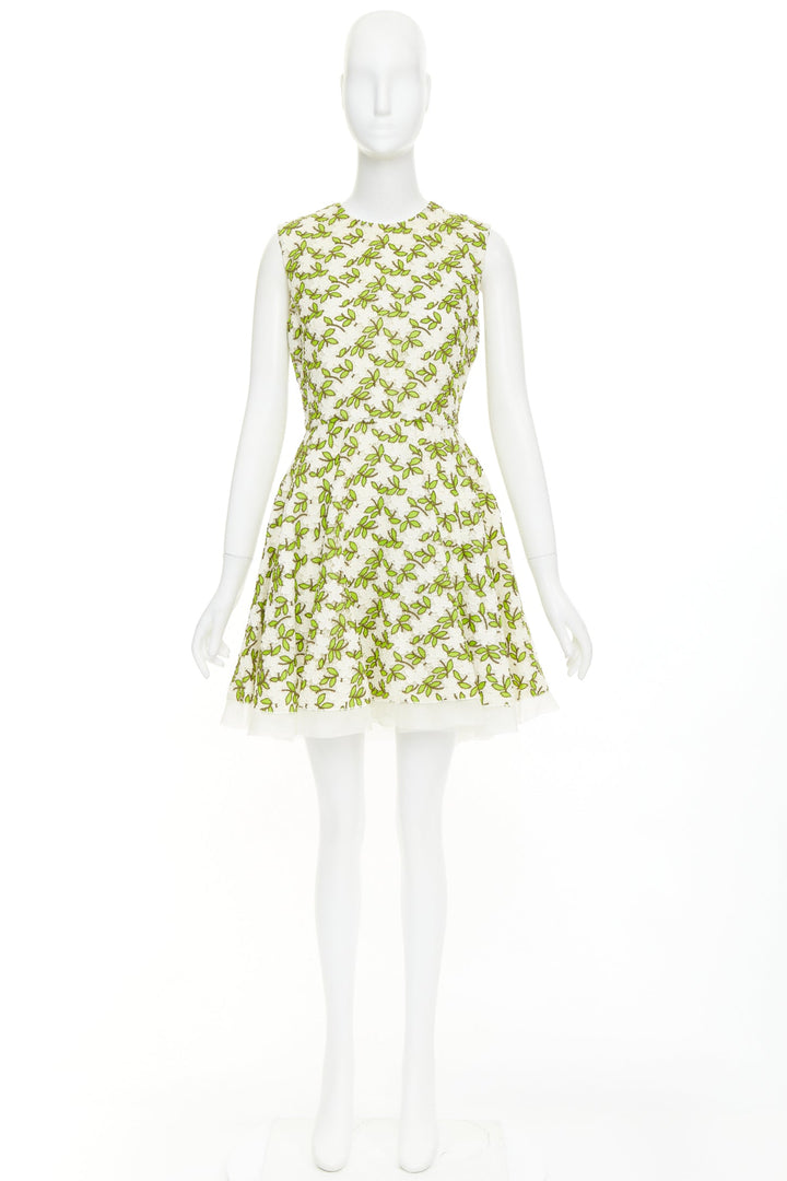GIAMBATTISTA VALLI ivory green floral leaf embroidery anglais dress IT44 M
