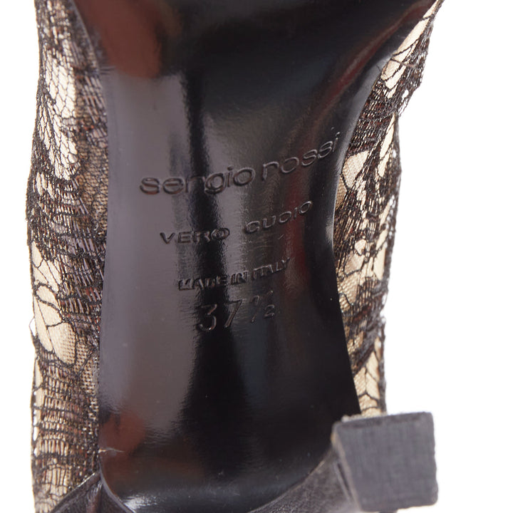 SERGIO ROSSI black leather floral lace spool heel pumps EU37.5