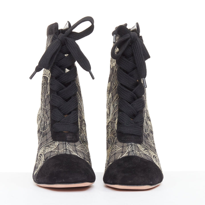 CHRISTIAN DIOR Naughtily-D black nude logo embroidered mesh lace up shoes