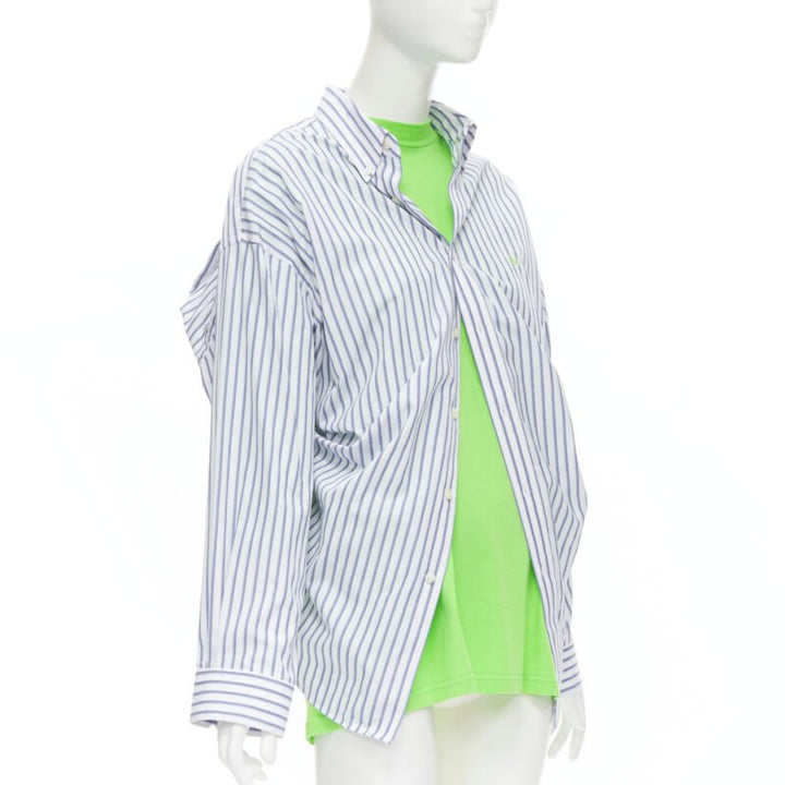 BALENCIAGA 2017 green tshirt blue striped shirt 2 way draped top FR34 XS