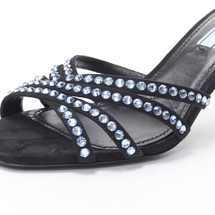 PRADA 2019 blue crystal rhinestone strappy open toe mid heel sandal EU36