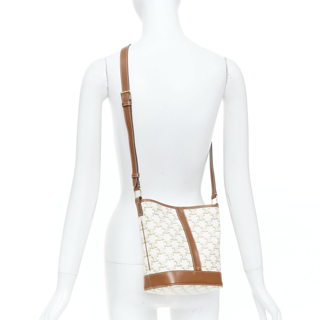 CELINE 2021 Small Bucket Bag Triomphe Canvas white calfskin leather bag