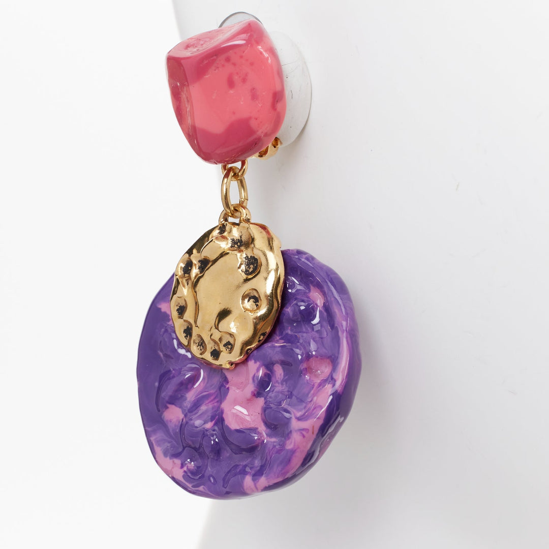 rare SAINT LAURENT 2022 Retro pink purple glazed resin brass clip earring Pair