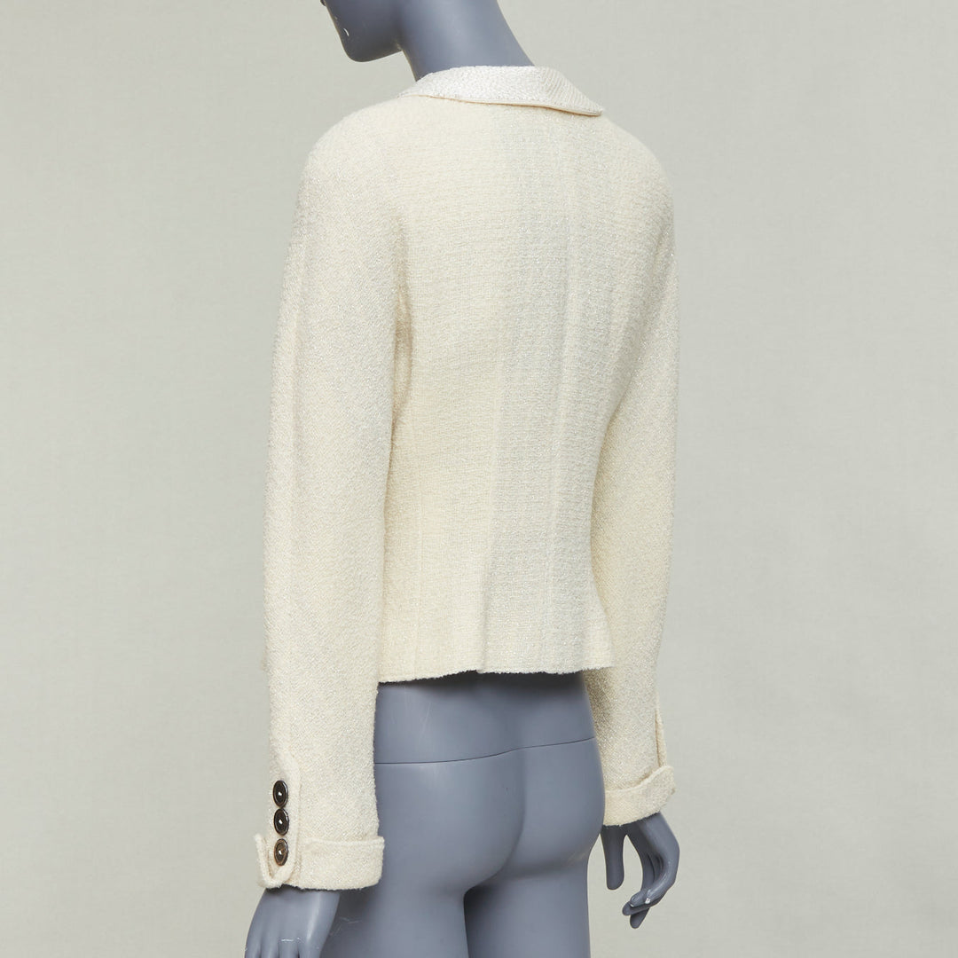 VALENTINO BOUTIQUE Vintage cream wool tweed beaded collar contour bar jacket US8