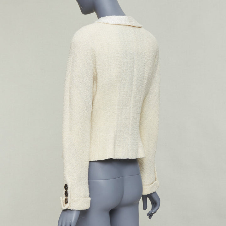 VALENTINO BOUTIQUE Vintage cream wool tweed beaded collar contour bar jacket US8
