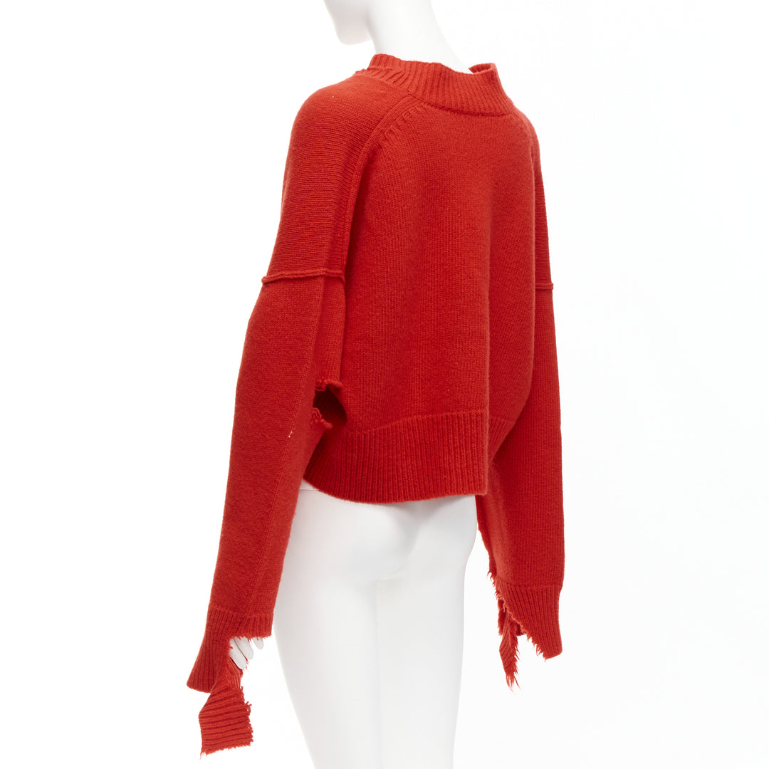 OLD CELINE Phoebe Philo red 100% wool distressed cut out cropped sweater M