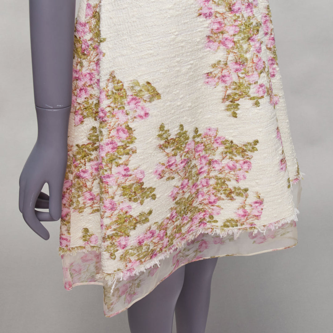 GIAMBATTISTA VALLI cream purple floral cotton tweed sheer hem dress IT42 M