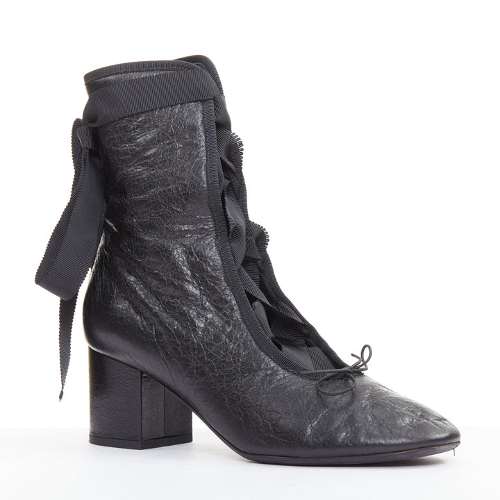 VALENTINO 2016 Runway black crinkled leather ribbon lace ballet booties EU37.5