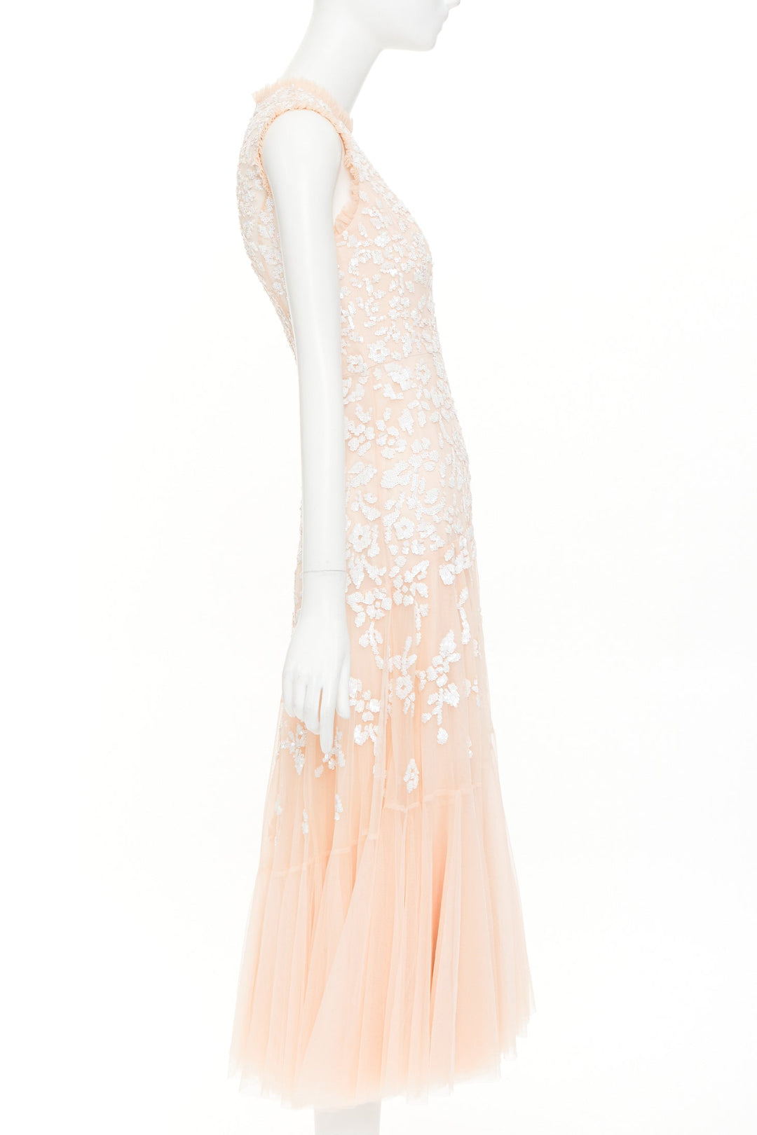 NEEDLE & THREAD Bridal blush pink white sequin ruffle edge midi dress UK8 S