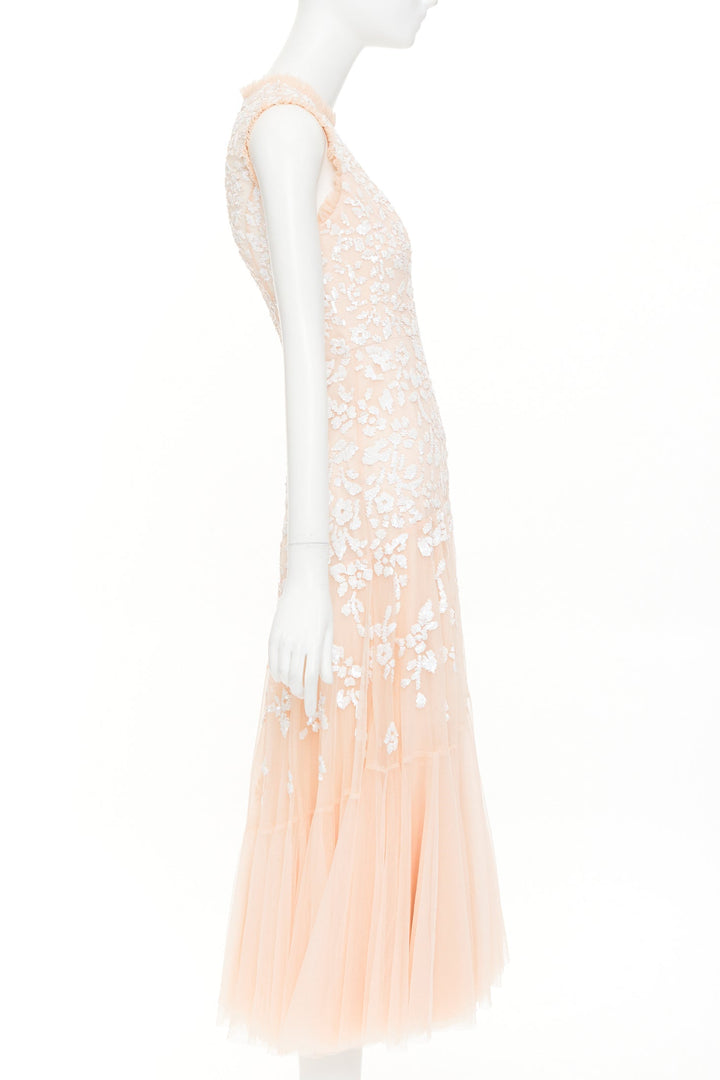 NEEDLE & THREAD Bridal blush pink white sequin ruffle edge midi dress UK8 S