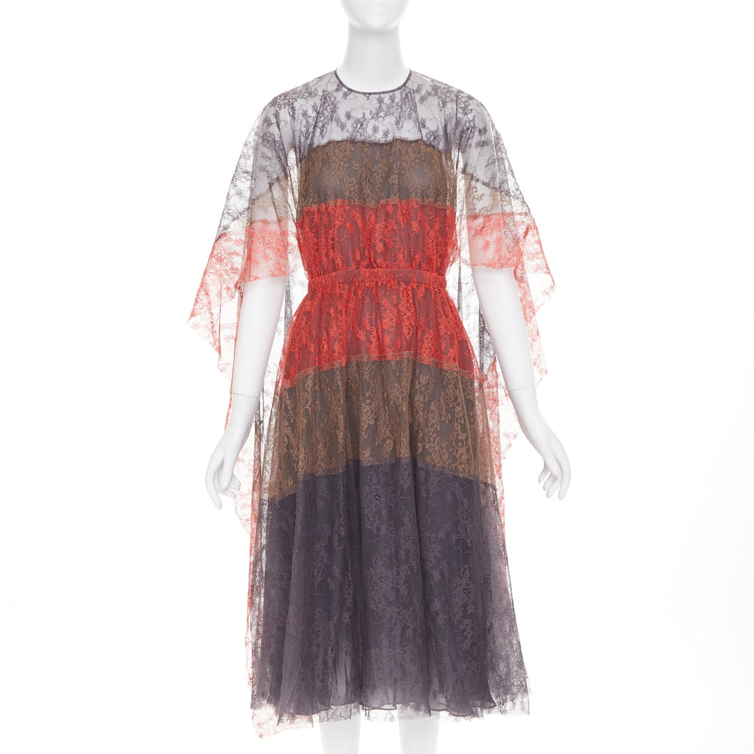 VALENTINO 2015 Runway colorblocked gradient tiered lace cape back dress IT38 XXS