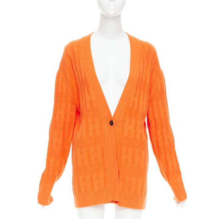 HERMES  H intarsia orange virgin wool V neck oversized cardigan FR36 S