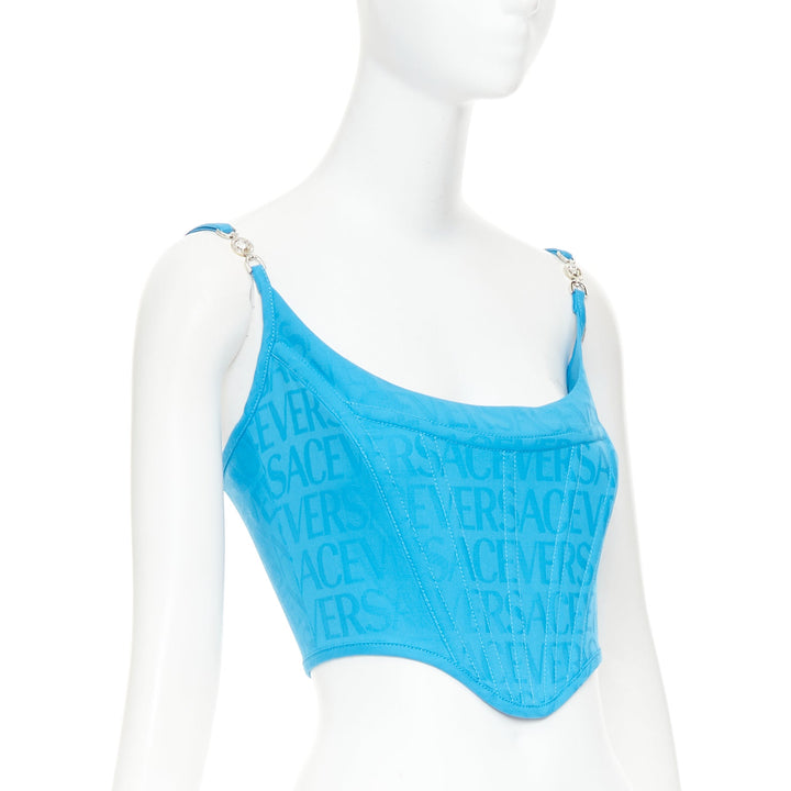 new VERSACE Medusa '95 Mediterranean Blue monogram boned bustier top IT38 XS
